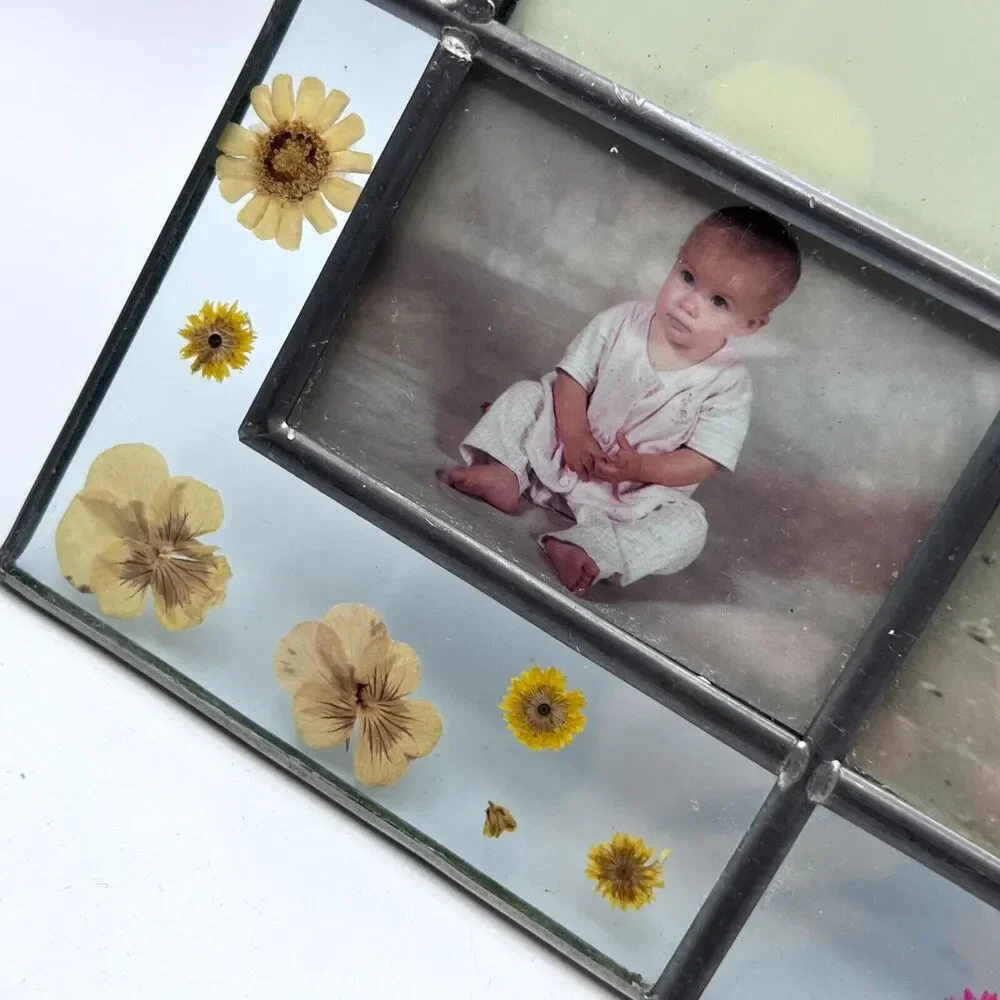 Carr Burnes of Boston 4 Photo Glass Picture Frame Dried Flowers Boho Collage